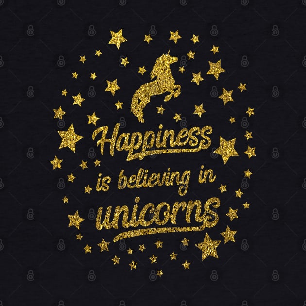 Happiness is believing in unicorns gold glitter Christmas Unicorn Design by sarahwainwright